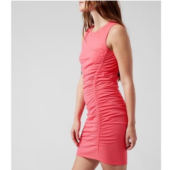 ATHLETA PINK CORAL RUCHED BODYCON LINED STELLA DRESS - Picture 2 of 8